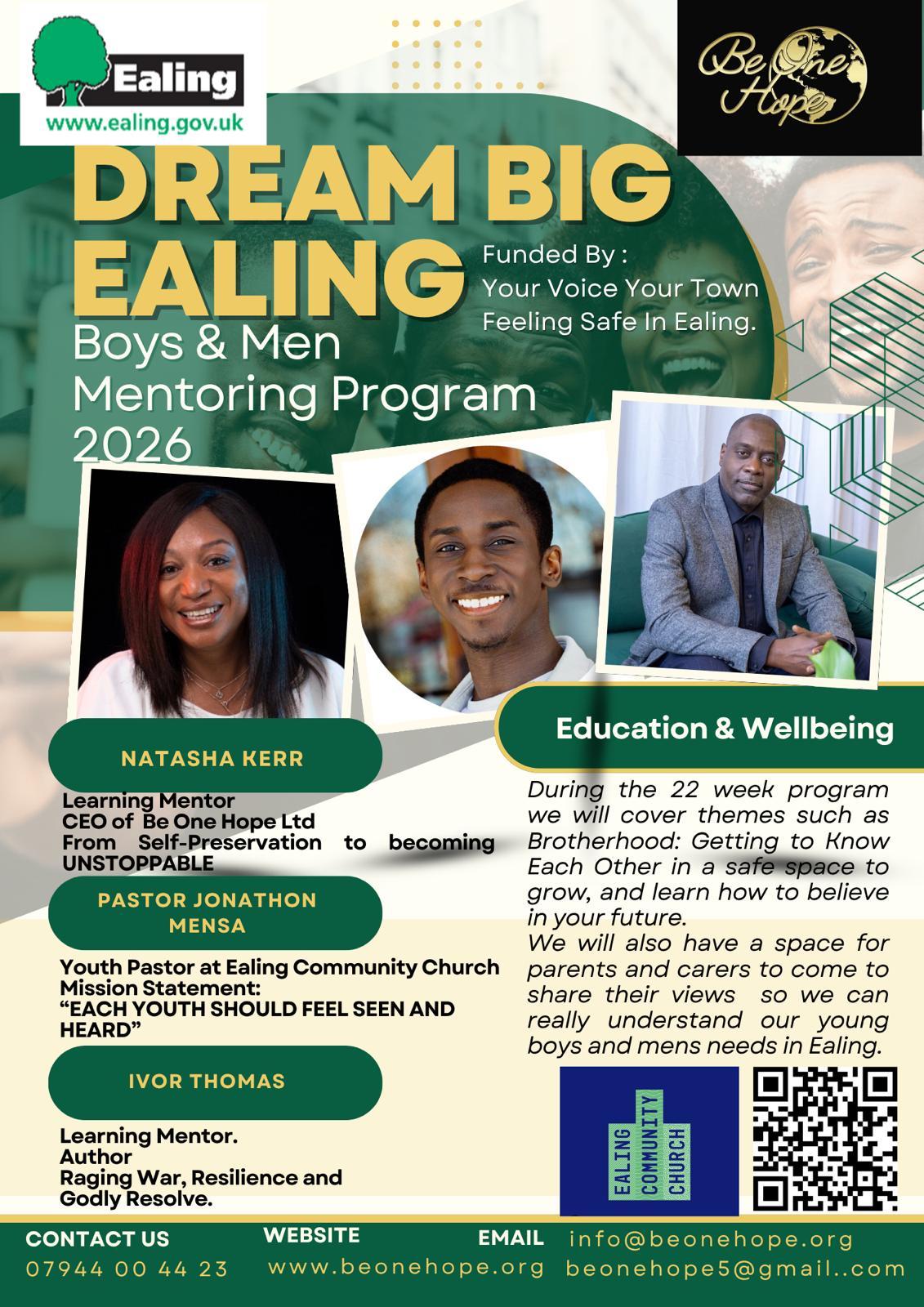 Dream Big Ealing — Boys & Men Mentoring Program 2026 team flyer