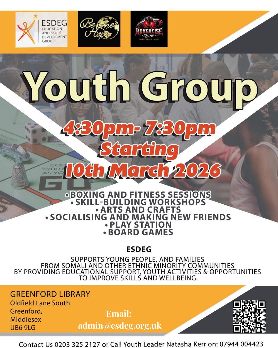 Youth Group flyer — 4:30pm to 7:30pm starting 10th March 2026 at Greenford Library